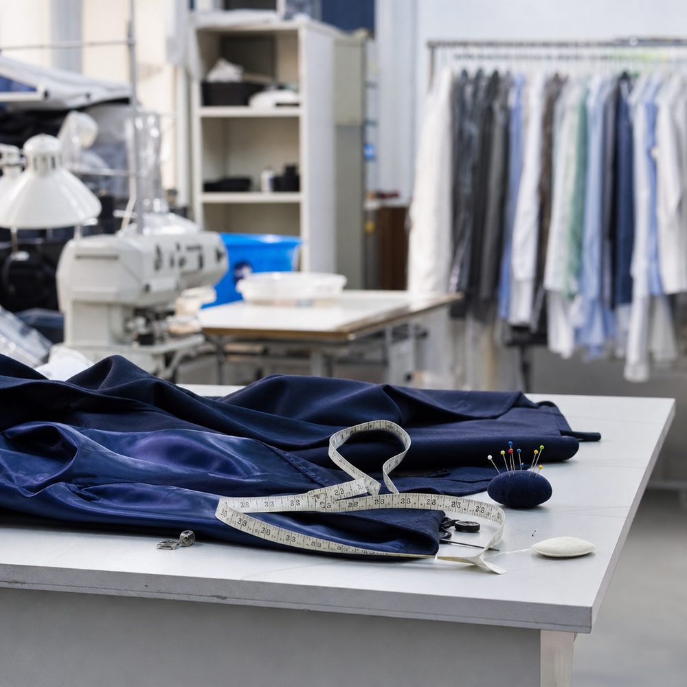 Tailor working on garment alterations on site